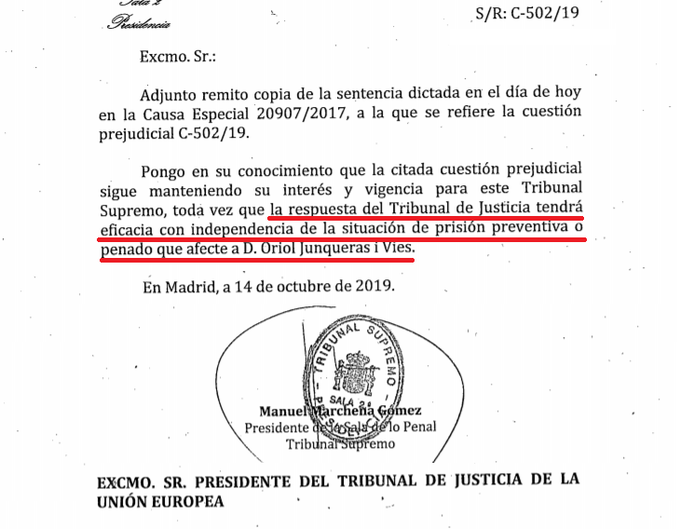 Carta de Marchena al Tribunal de Justícia de la UE