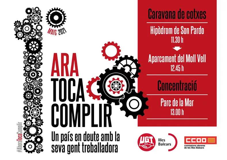 cartell de CCOO i UGT de  convocatòria del 1er de maig d'enguany