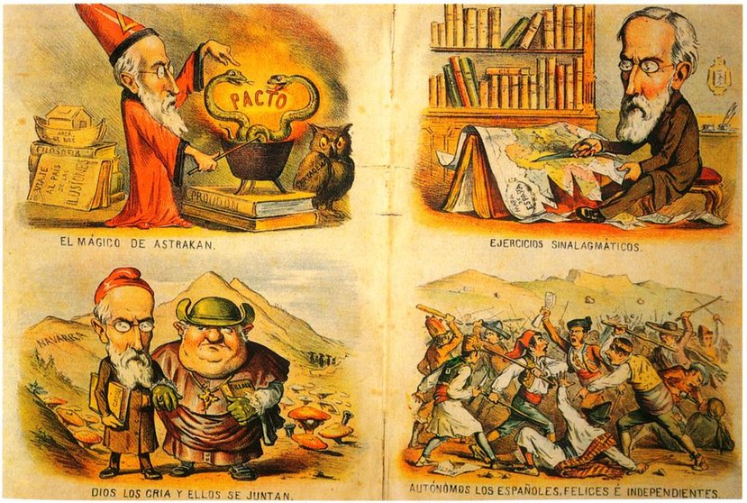 Caricatura sobre la proposta federalista i republicana de Pi i Maragall (1881, La Mosca)