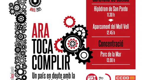 cartell de CCOO i UGT de  convocatòria del 1er de maig d'enguany