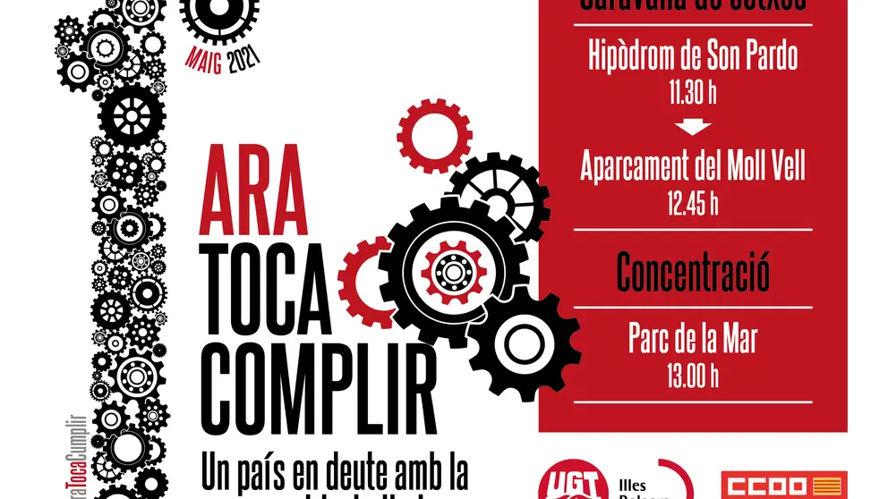 cartell de CCOO i UGT de  convocatòria del 1er de maig d'enguany